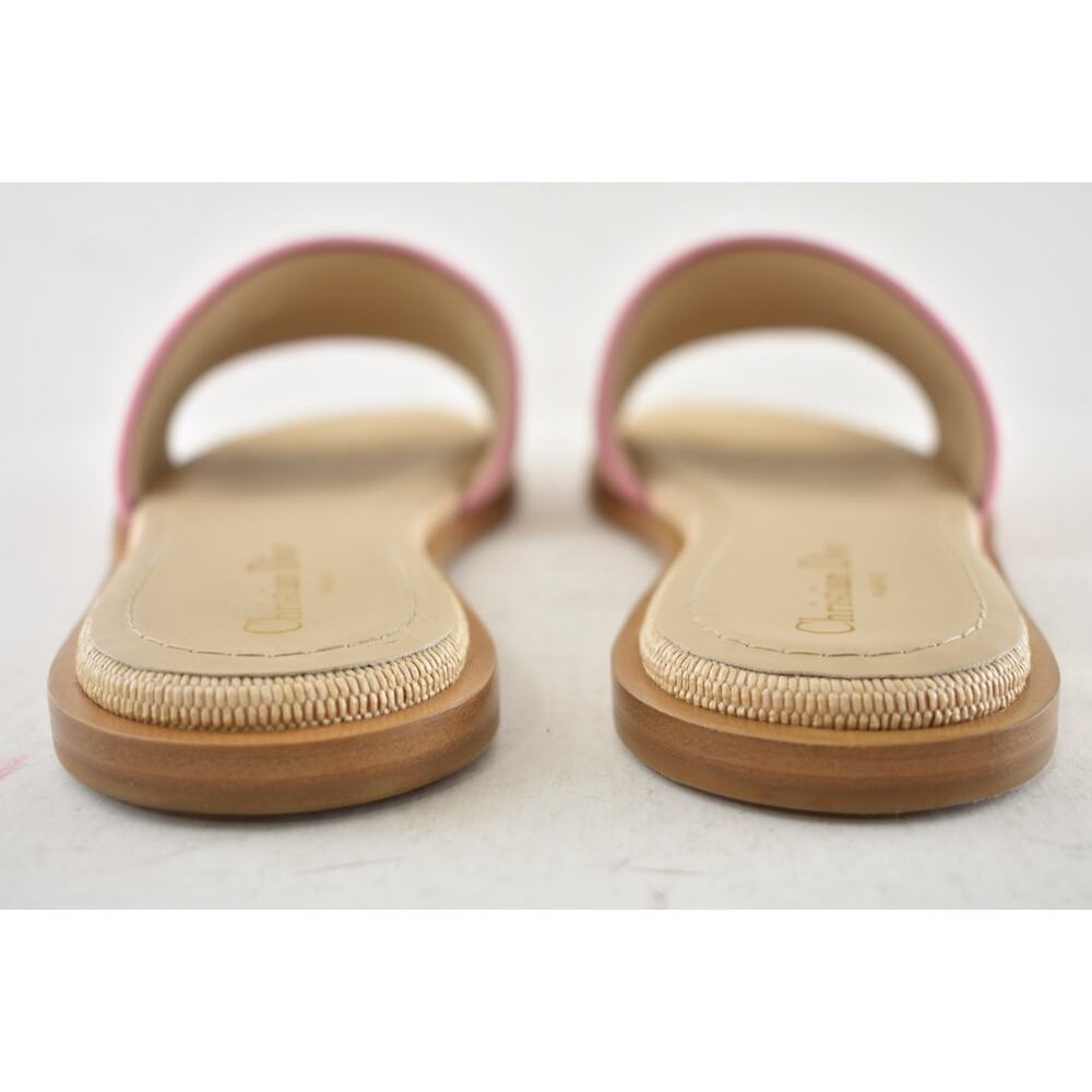 Christian Dior Dway Rose Begonia Pink Raffia Beige Logo Slide Flat Sandal 38.5 - Picture 12 of 13